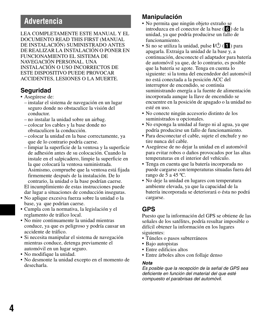 Advertencia | Sony NV-U82B User Manual | Page 78 / 122