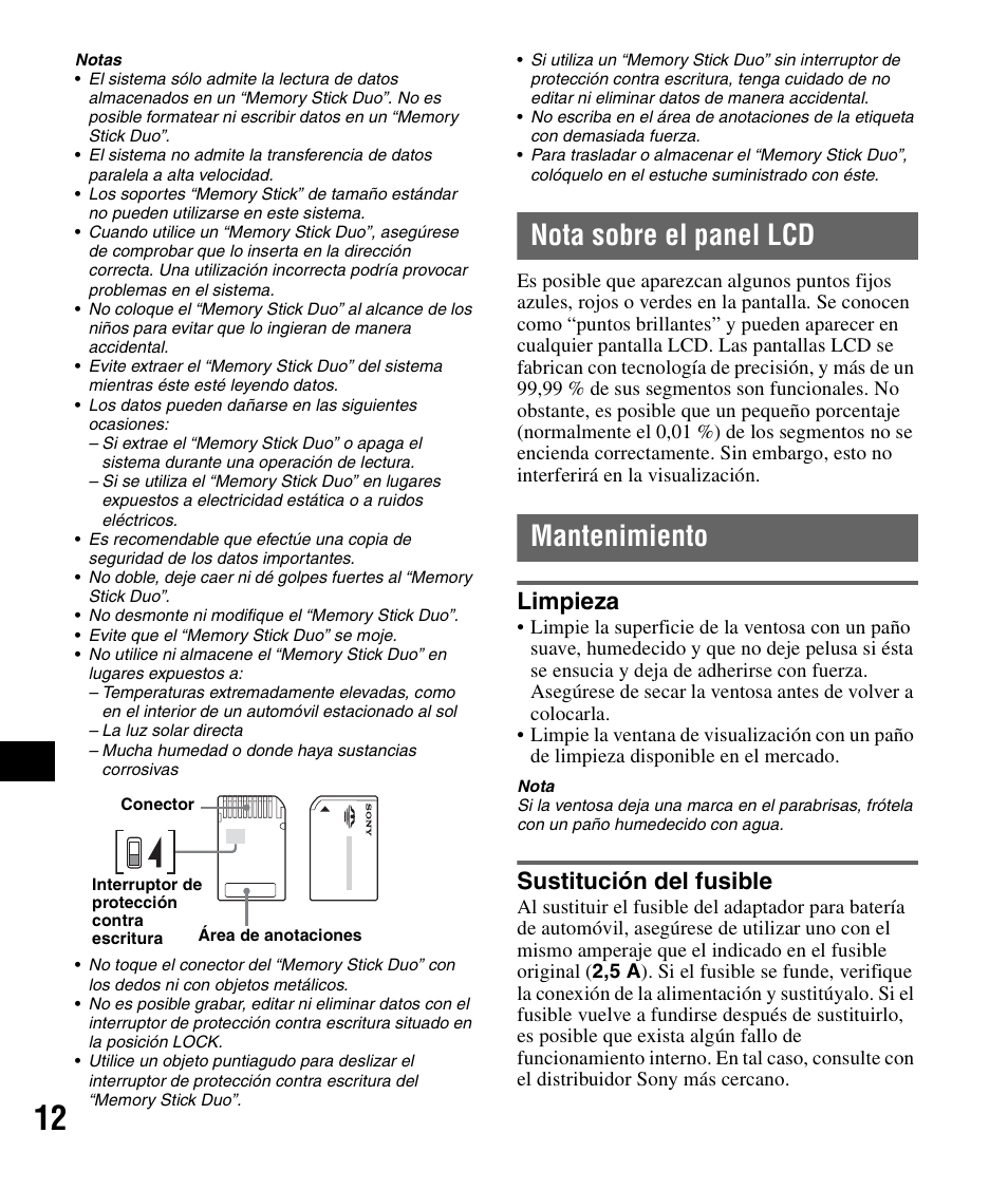 Nota sobre el panel lcd, Mantenimiento, Limpieza | Sustitución del fusible, Nota sobre el panel lcd mantenimiento, Limpieza sustitución del fusible | Sony NV-U82B User Manual | Page 86 / 122