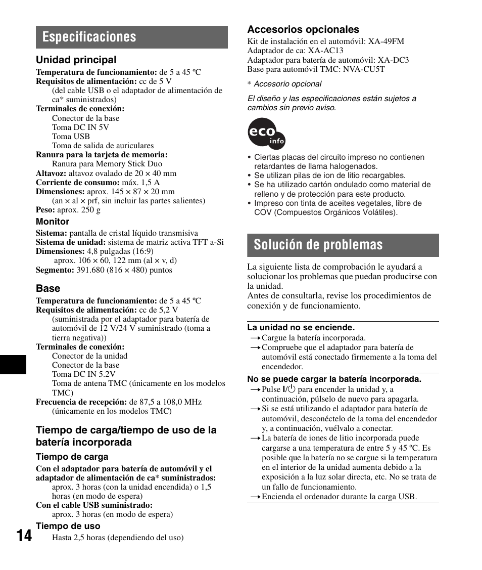 Especificaciones, Solución de problemas, Especificaciones solución de problemas | Sony NV-U82B User Manual | Page 88 / 122