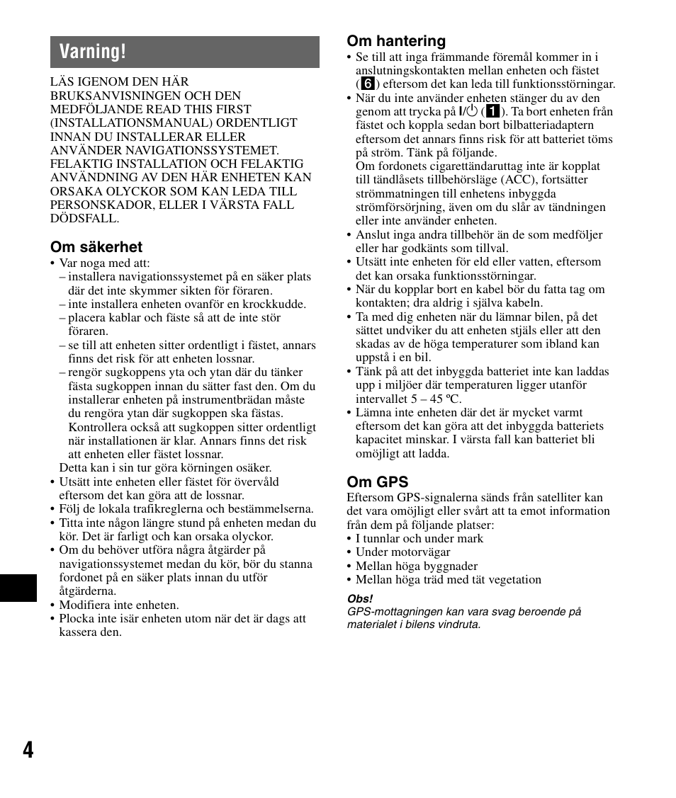 Varning | Sony NV-U82B User Manual | Page 92 / 122