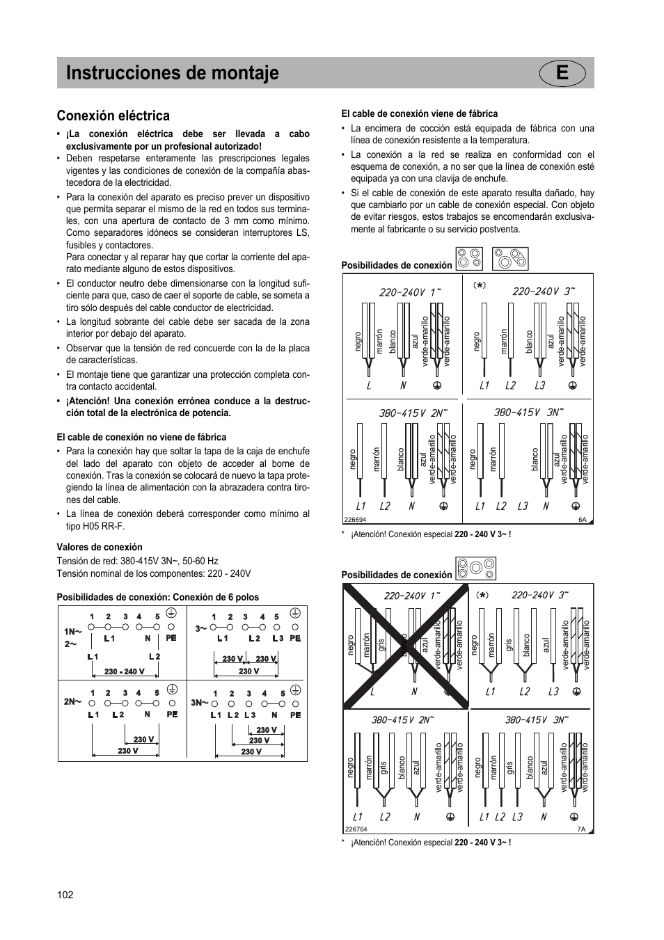 Instrucciones de montaje e, Conexión eléctrica | Teka IR 950 User Manual | Page 102 / 120