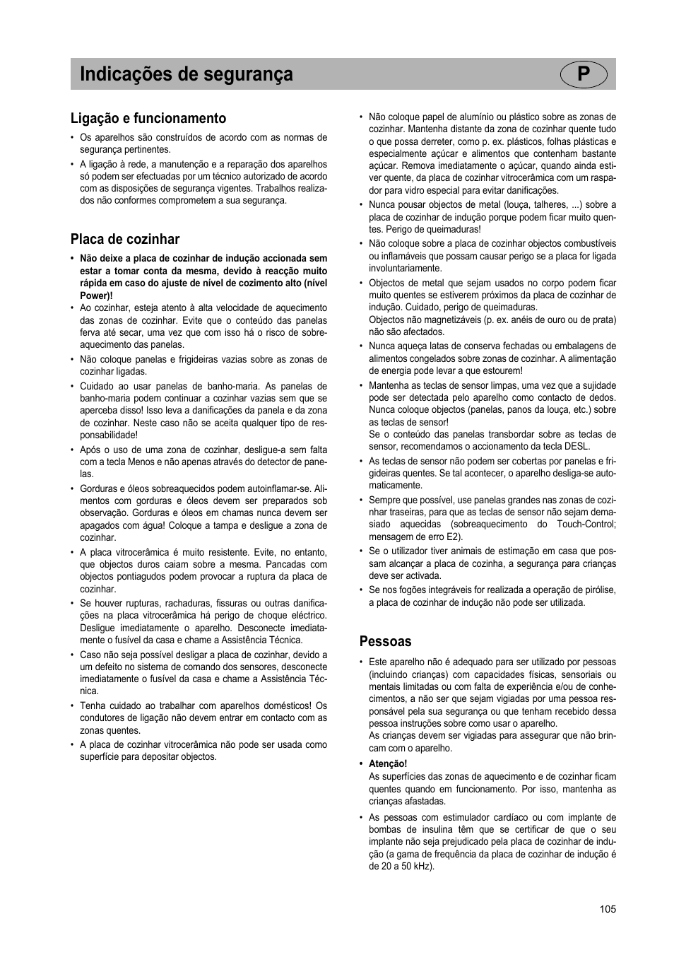 Indicações de segurança p, Ligação e funcionamento, Placa de cozinhar | Pessoas | Teka IR 950 User Manual | Page 105 / 120