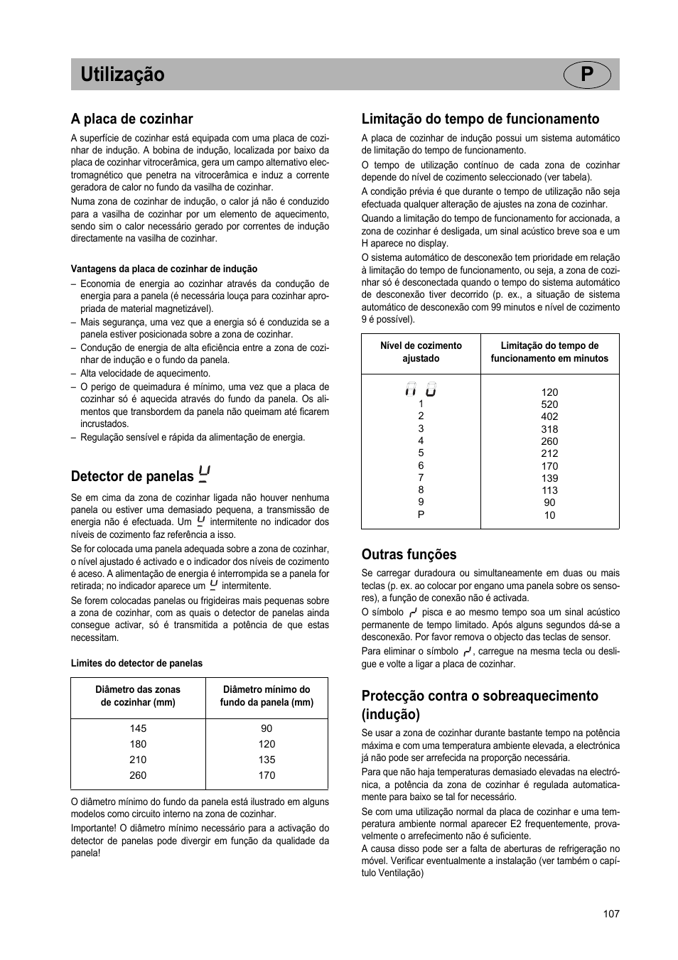 Utilização p, A placa de cozinhar, Detector de panelas | Limitação do tempo de funcionamento, Outras funções, Protecção contra o sobreaquecimento (indução) | Teka IR 950 User Manual | Page 107 / 120