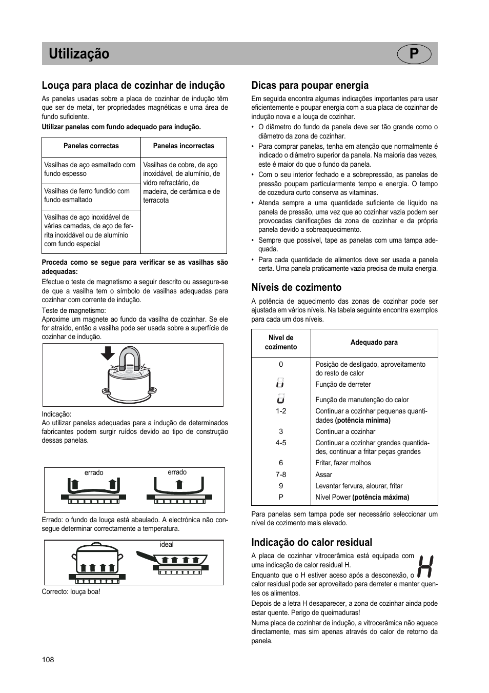 Utilização p, Louça para placa de cozinhar de indução, Dicas para poupar energia | Níveis de cozimento, Indicação do calor residual | Teka IR 950 User Manual | Page 108 / 120