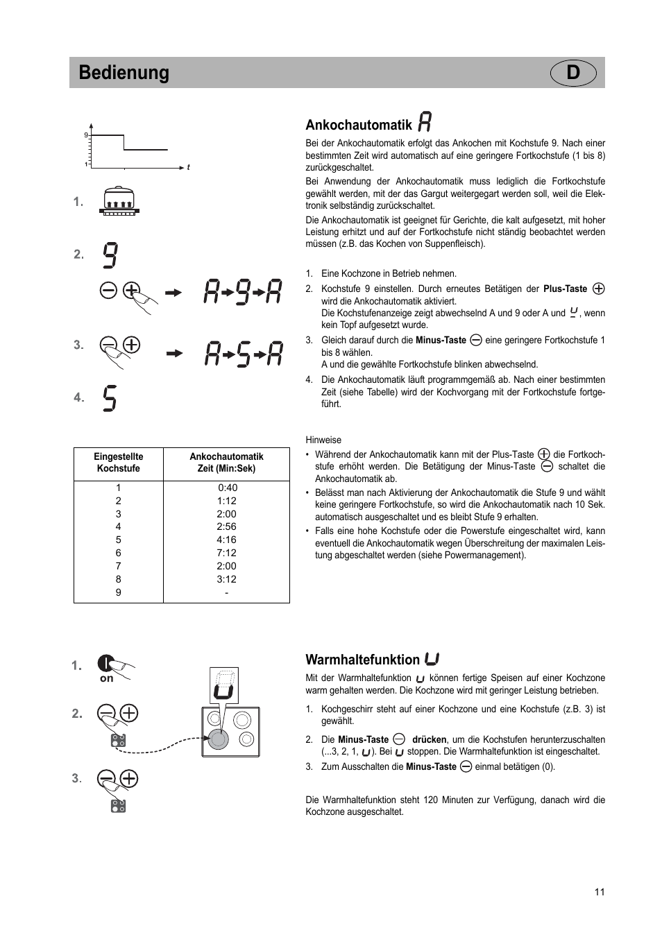 Bedienung d, Ankochautomatik, Warmhaltefunktion | Teka IR 950 User Manual | Page 11 / 120