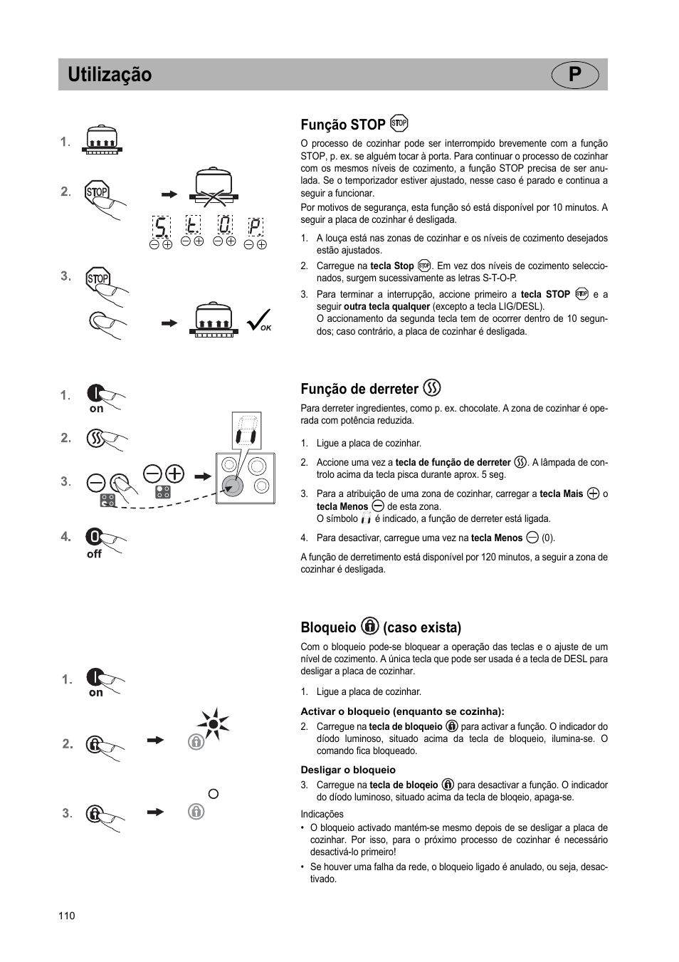 Utilização p, Função stop, Função de derreter | Bloqueio (caso exista) | Teka IR 950 User Manual | Page 110 / 120