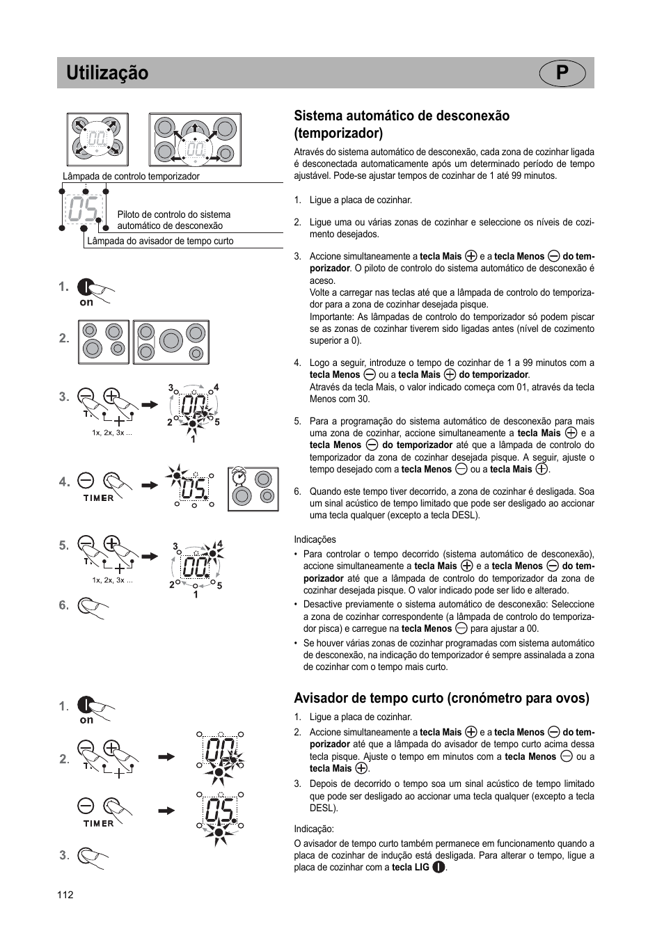 Utilização p, Sistema automático de desconexão (temporizador), Avisador de tempo curto (cronómetro para ovos) | Teka IR 950 User Manual | Page 112 / 120