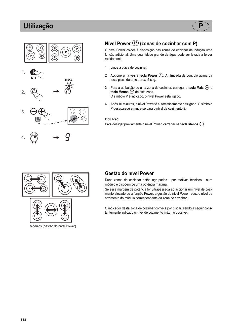 Utilização p, Nível power (zonas de cozinhar com p), Gestão do nível power | Teka IR 950 User Manual | Page 114 / 120