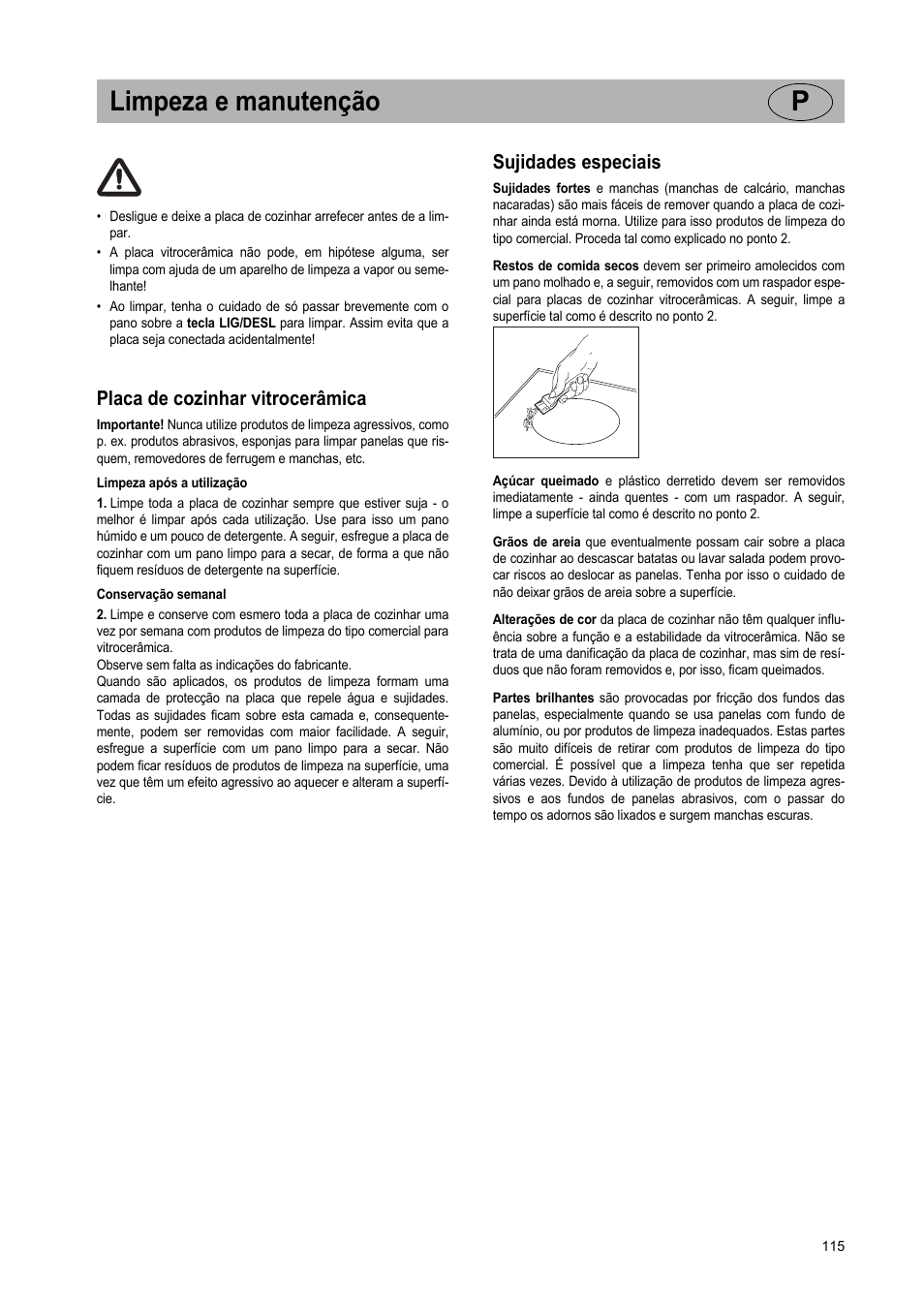 Limpeza e manutenção p, Placa de cozinhar vitrocerâmica, Sujidades especiais | Teka IR 950 User Manual | Page 115 / 120