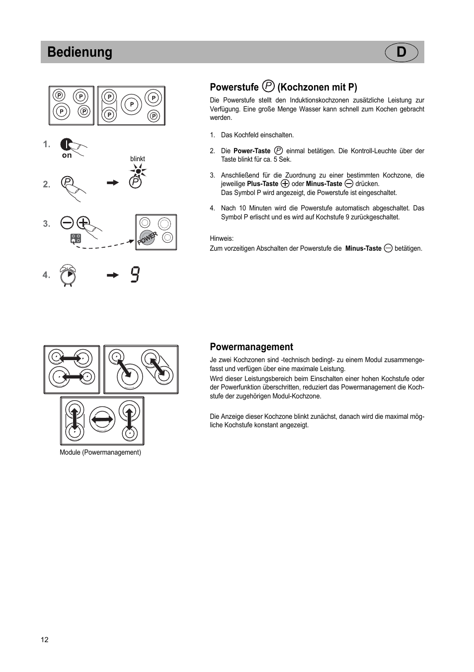 Bedienung d, Powerstufe (kochzonen mit p), Powermanagement | Teka IR 950 User Manual | Page 12 / 120
