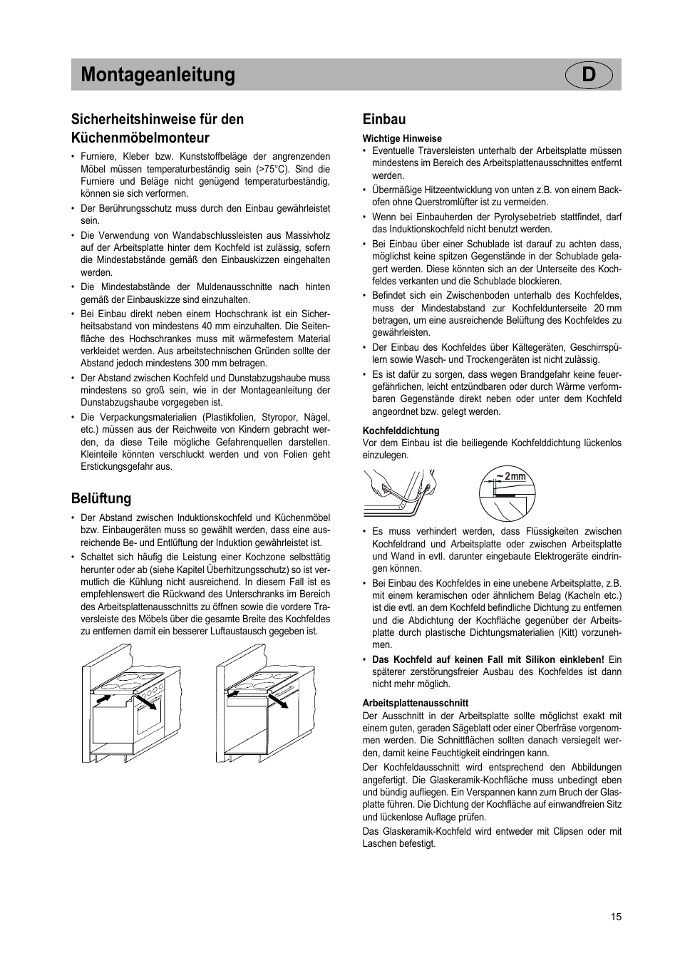 Montageanleitung d, Sicherheitshinweise für den küchenmöbelmonteur, Belüftung | Einbau | Teka IR 950 User Manual | Page 15 / 120