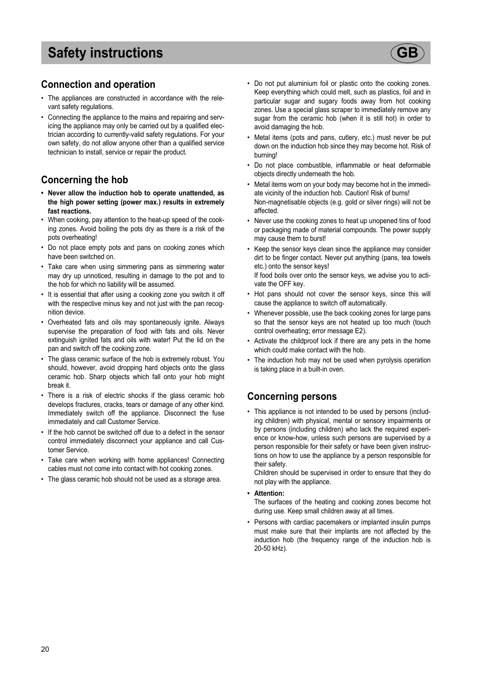 Safety instructions gb, Connection and operation, Concerning the hob | Concerning persons | Teka IR 950 User Manual | Page 20 / 120