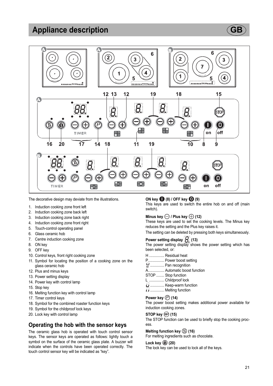 Appliance description gb, Operating the hob with the sensor keys | Teka IR 950 User Manual | Page 21 / 120