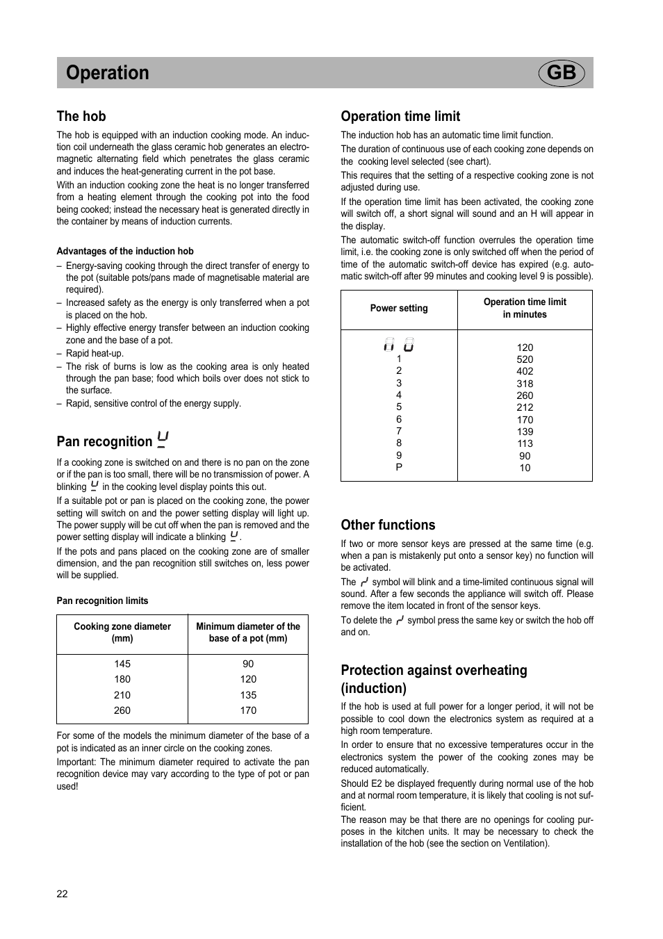Operation gb, The hob, Pan recognition | Operation time limit, Other functions, Protection against overheating (induction) | Teka IR 950 User Manual | Page 22 / 120