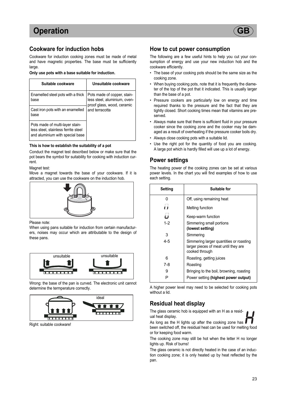 Operation gb, Cookware for induction hobs, How to cut power consumption | Power settings, Residual heat display | Teka IR 950 User Manual | Page 23 / 120