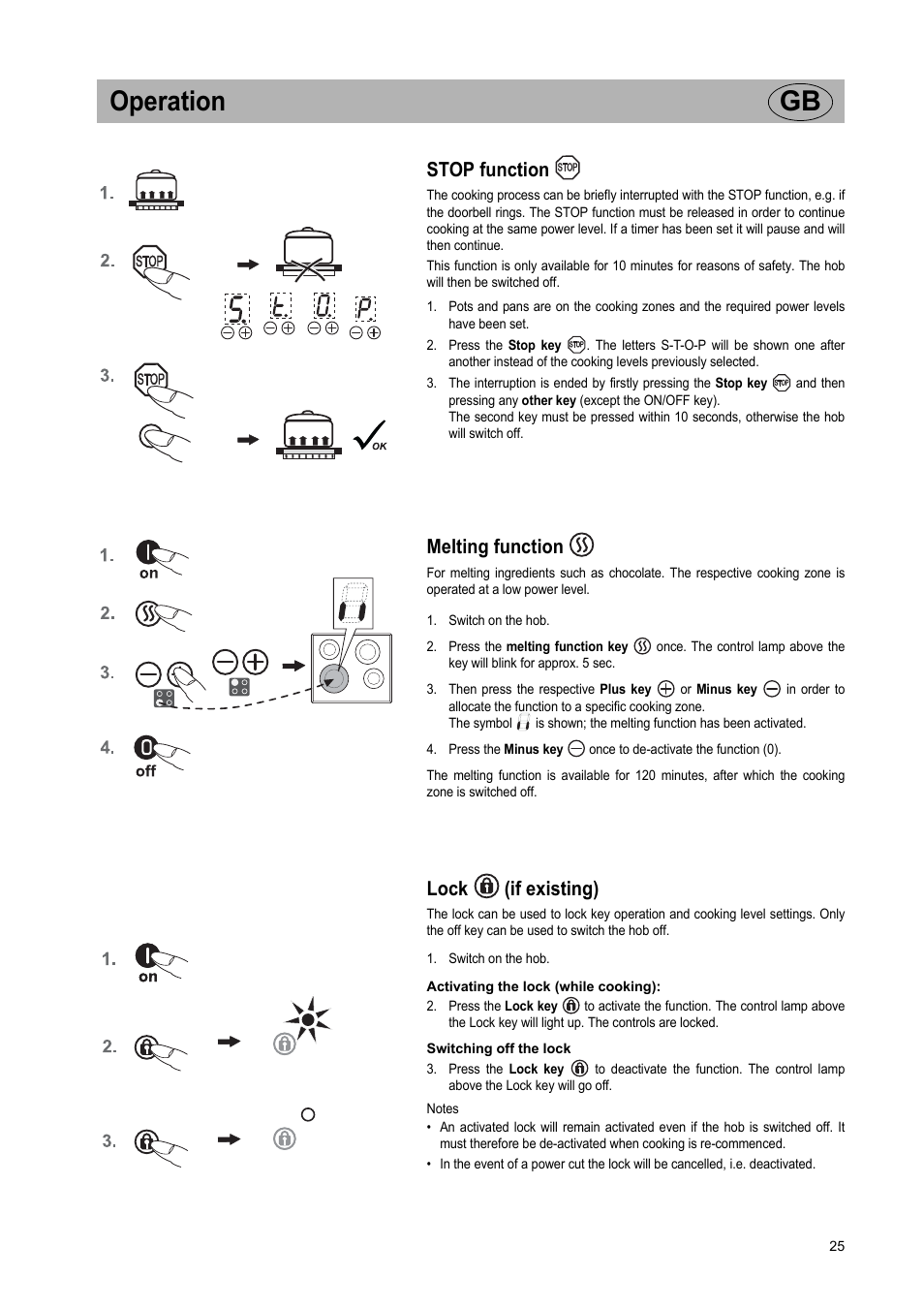 Operation gb, Stop function, Melting function | Lock (if existing) | Teka IR 950 User Manual | Page 25 / 120