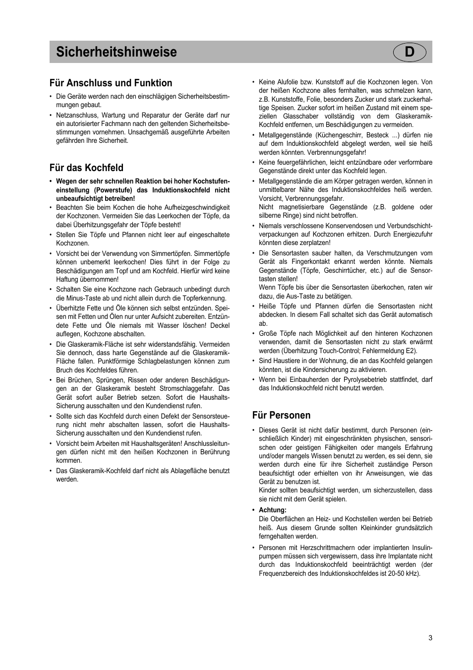 Sicherheitshinweise d, Für anschluss und funktion, Für das kochfeld | Für personen | Teka IR 950 User Manual | Page 3 / 120