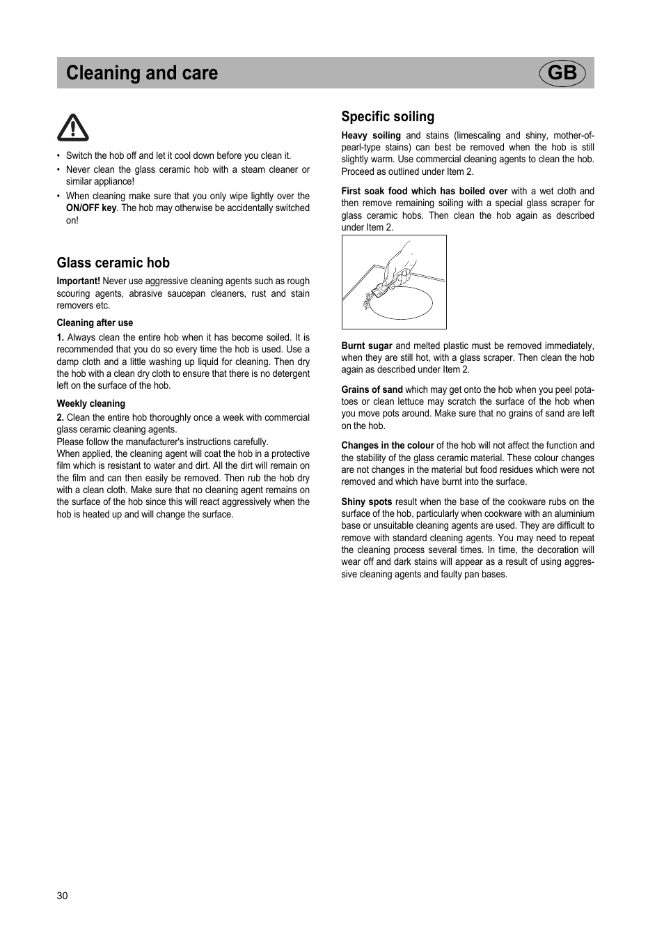 Cleaning and care gb, Glass ceramic hob, Specific soiling | Teka IR 950 User Manual | Page 30 / 120