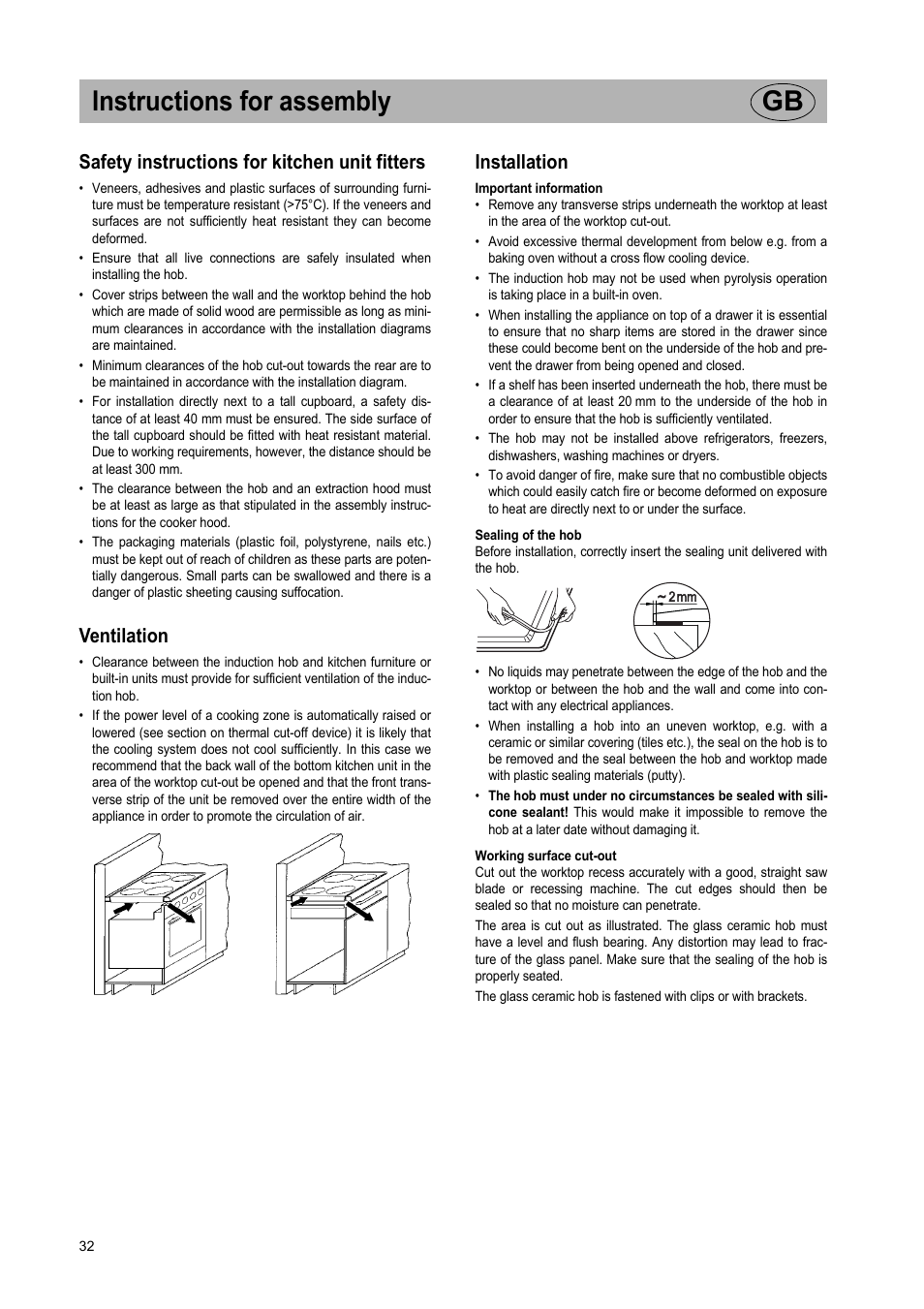 Instructions for assembly gb, Safety instructions for kitchen unit fitters, Ventilation | Installation | Teka IR 950 User Manual | Page 32 / 120