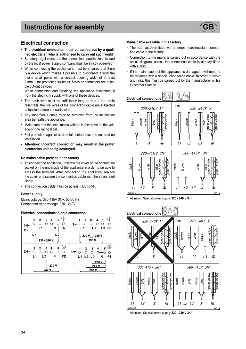 Instructions for assembly gb, Electrical connection | Teka IR 950 User Manual | Page 34 / 120