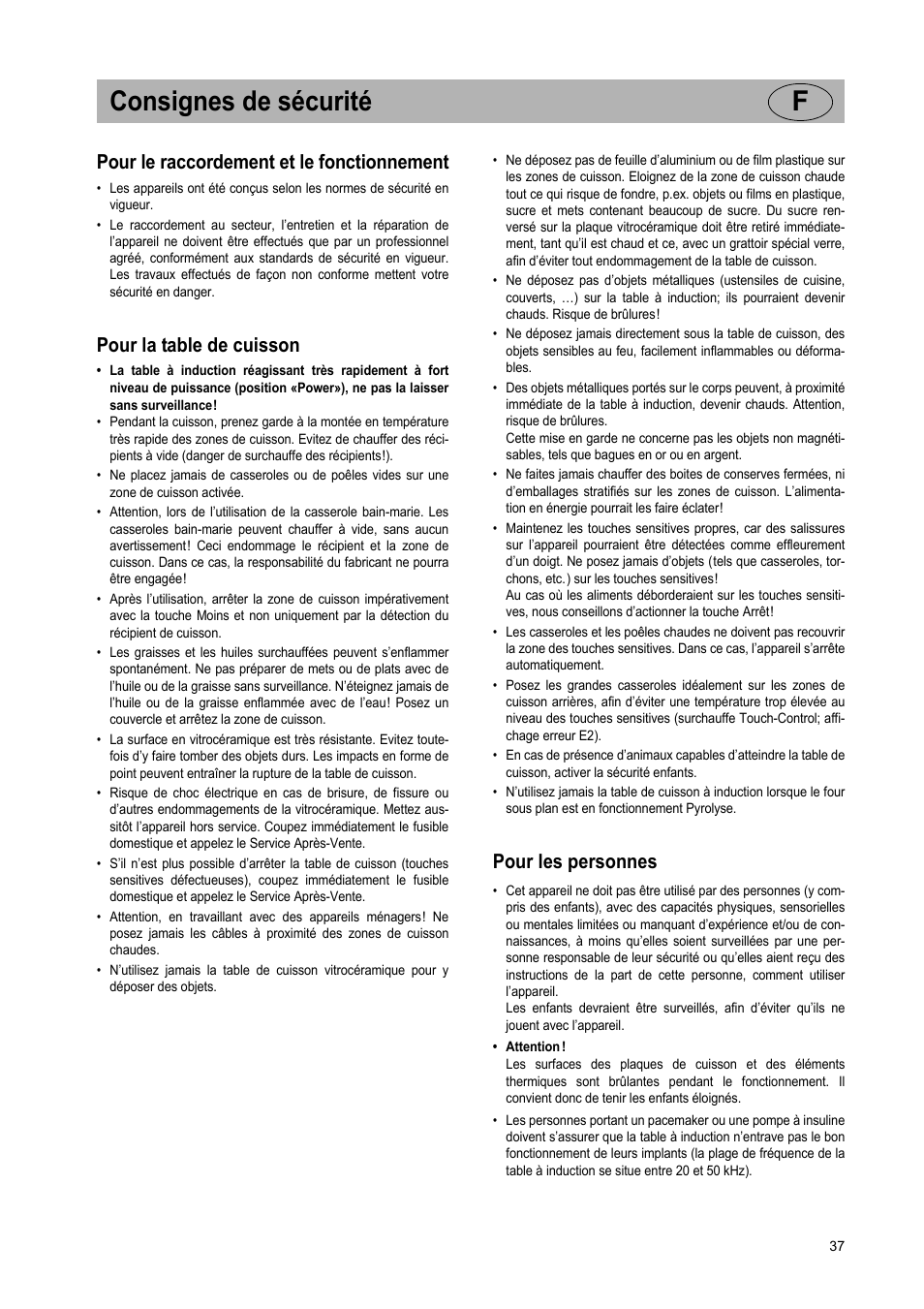 Consignes de sécurité f, Pour le raccordement et le fonctionnement, Pour la table de cuisson | Pour les personnes | Teka IR 950 User Manual | Page 37 / 120