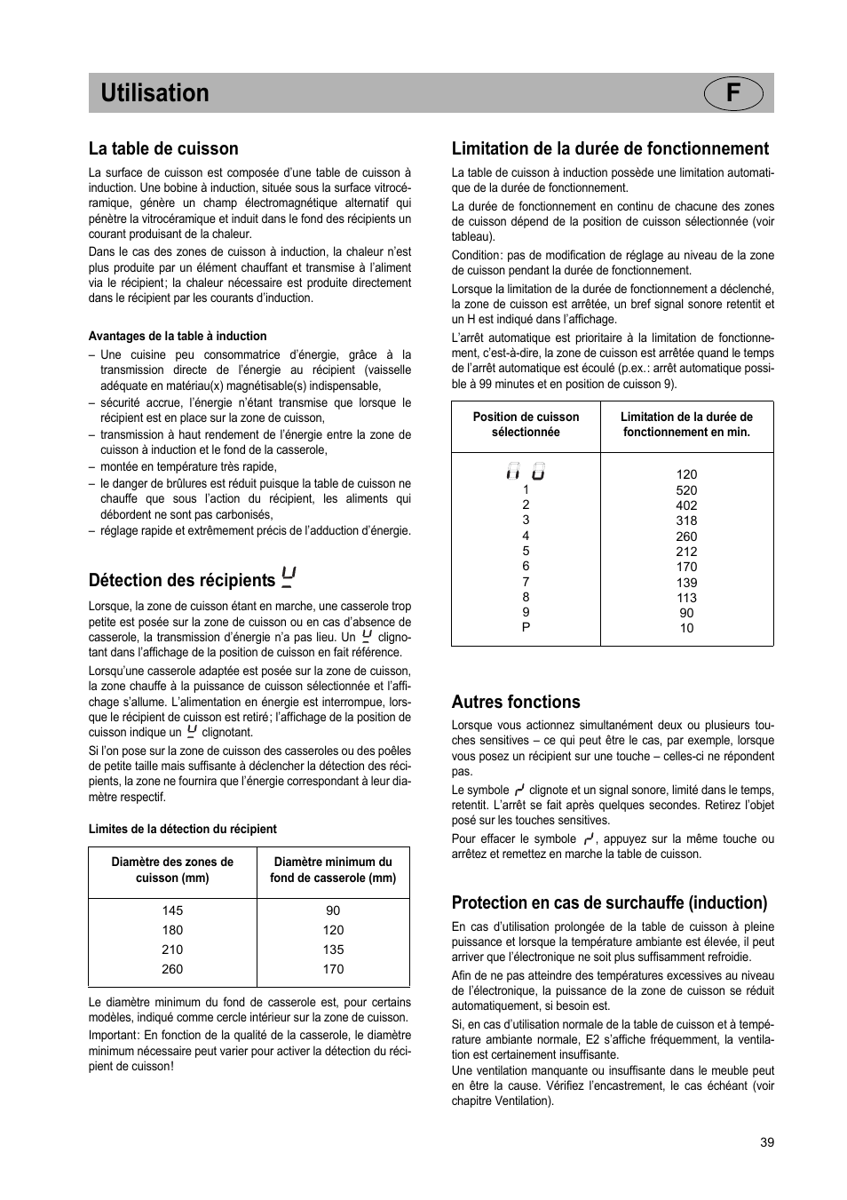 Utilisation f, La table de cuisson, Détection des récipients | Limitation de la durée de fonctionnement, Autres fonctions, Protection en cas de surchauffe (induction) | Teka IR 950 User Manual | Page 39 / 120