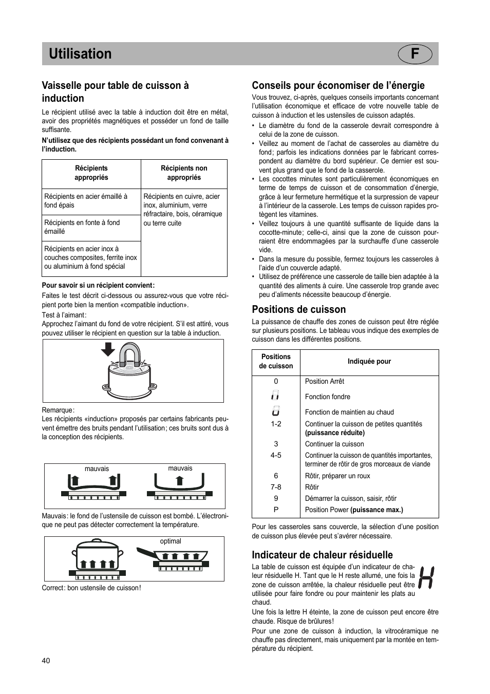 Utilisation f, Vaisselle pour table de cuisson à induction, Conseils pour économiser de l’énergie | Positions de cuisson, Indicateur de chaleur résiduelle | Teka IR 950 User Manual | Page 40 / 120