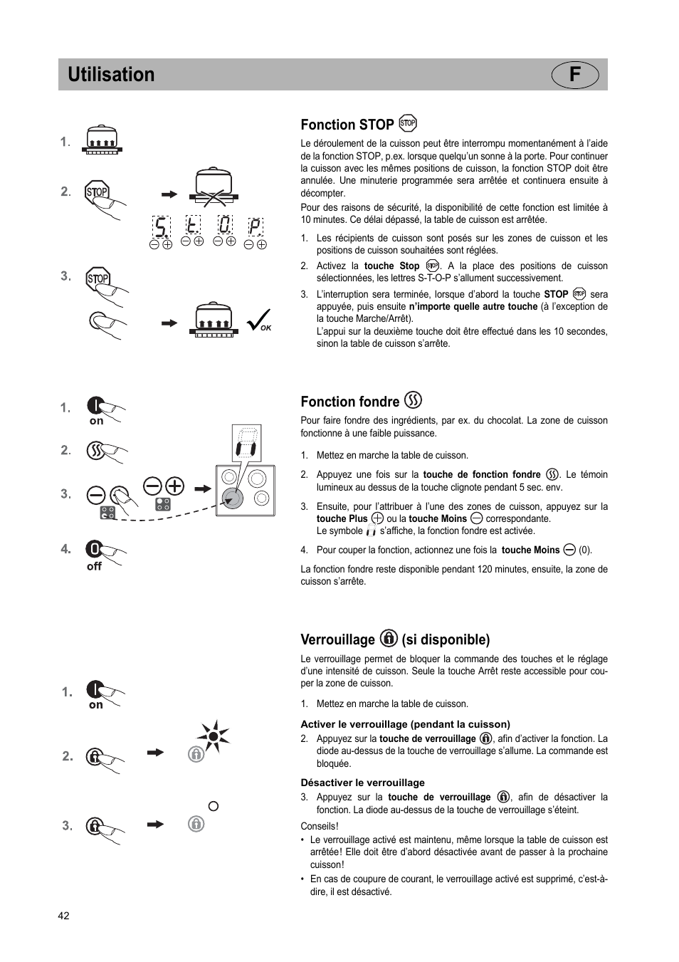 Utilisation f, Fonction stop, Fonction fondre | Verrouillage (si disponible) | Teka IR 950 User Manual | Page 42 / 120