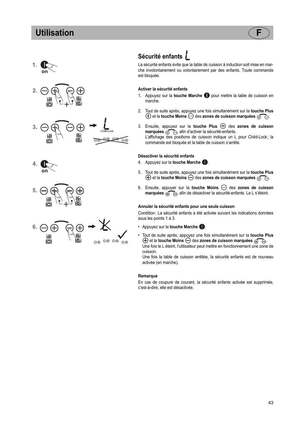 Utilisation f, Sécurité enfants | Teka IR 950 User Manual | Page 43 / 120