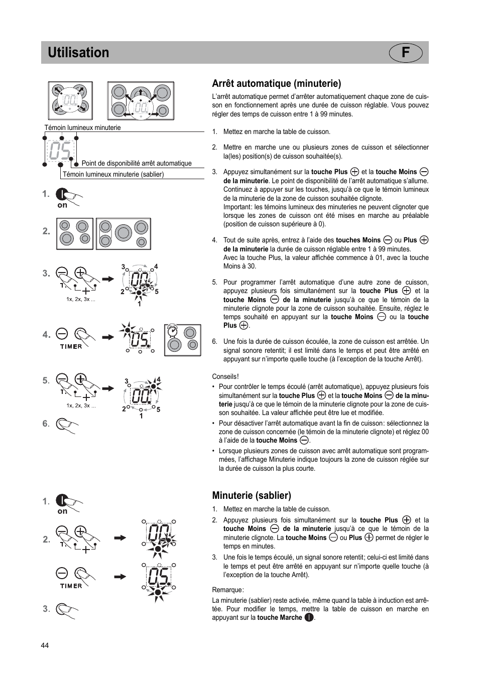 Utilisation f, Arrêt automatique (minuterie), Minuterie (sablier) | Teka IR 950 User Manual | Page 44 / 120