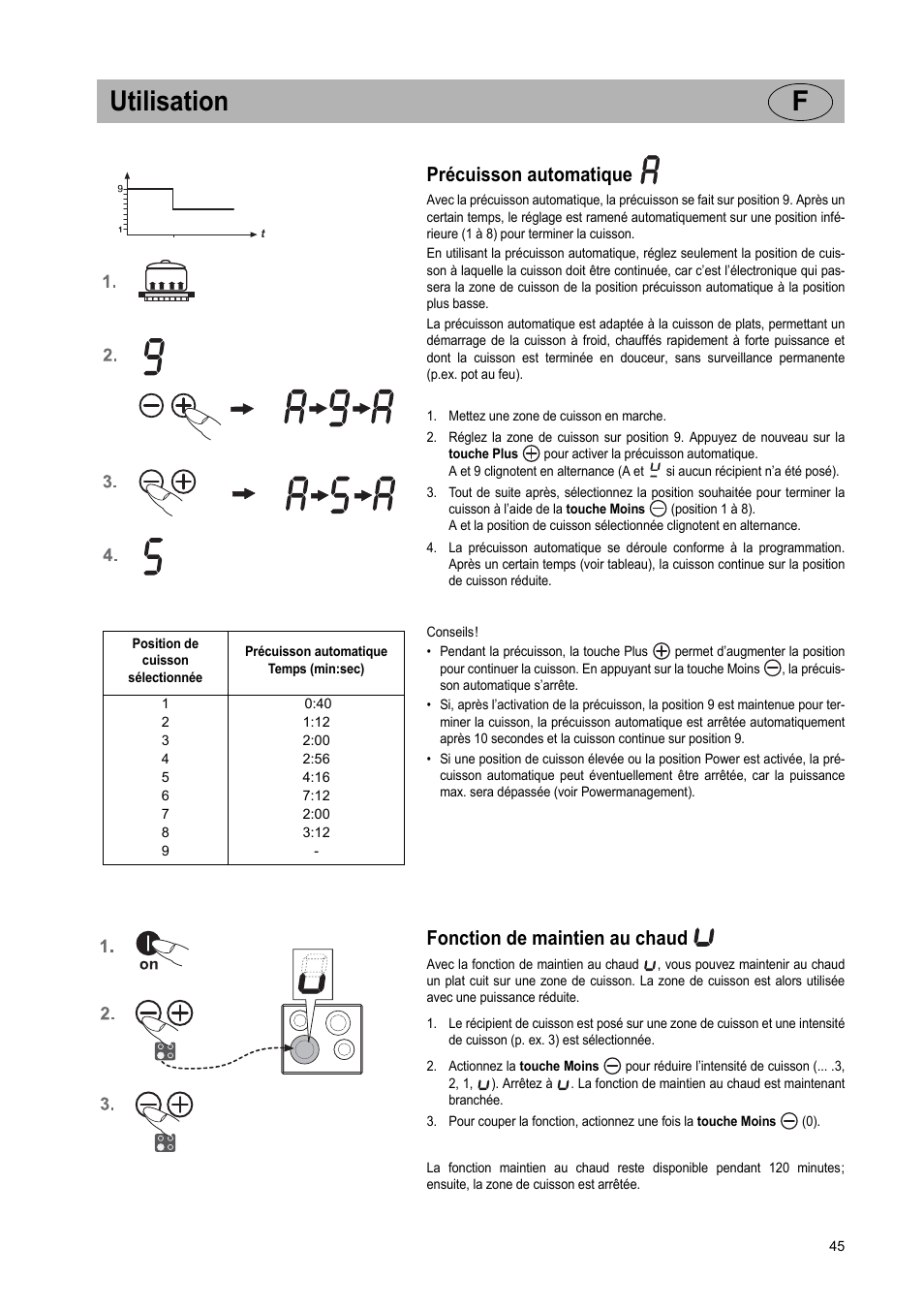 Utilisation f, Précuisson automatique, Fonction de maintien au chaud | Teka IR 950 User Manual | Page 45 / 120