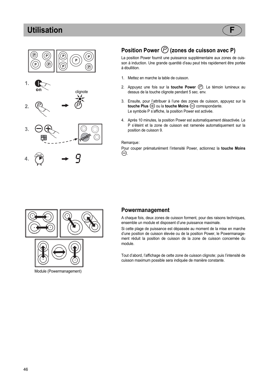 Utilisation f, Position power (zones de cuisson avec p), Powermanagement | Teka IR 950 User Manual | Page 46 / 120