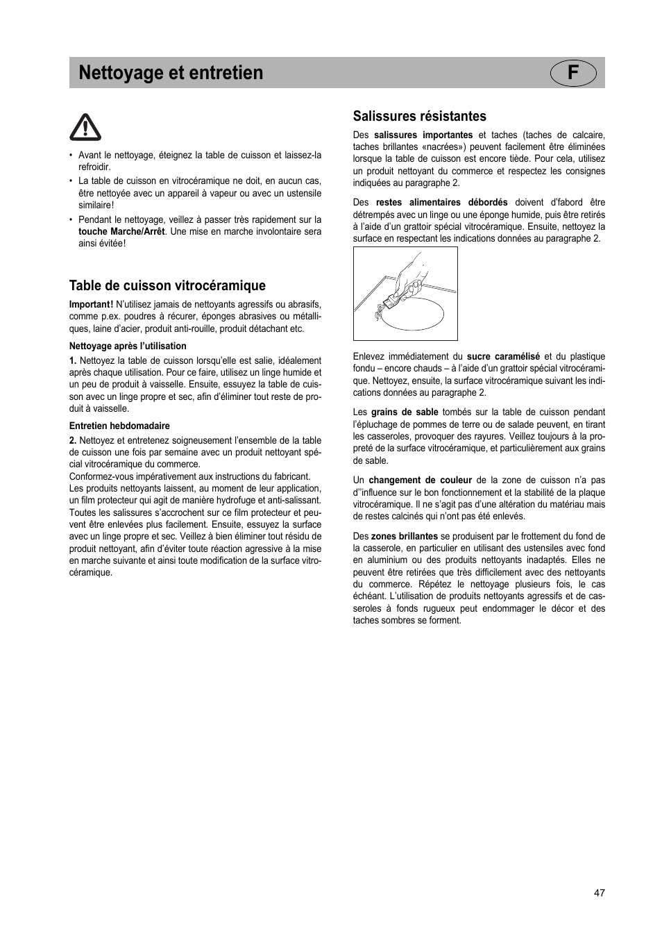 Nettoyage et entretien f, Table de cuisson vitrocéramique, Salissures résistantes | Teka IR 950 User Manual | Page 47 / 120