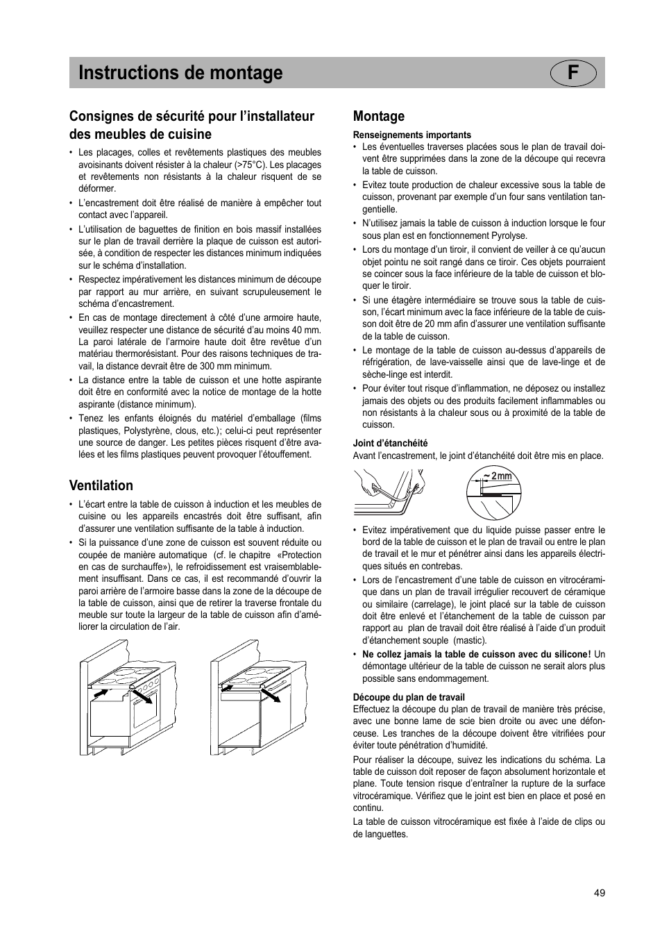 Instructions de montage f, Ventilation, Montage | Teka IR 950 User Manual | Page 49 / 120
