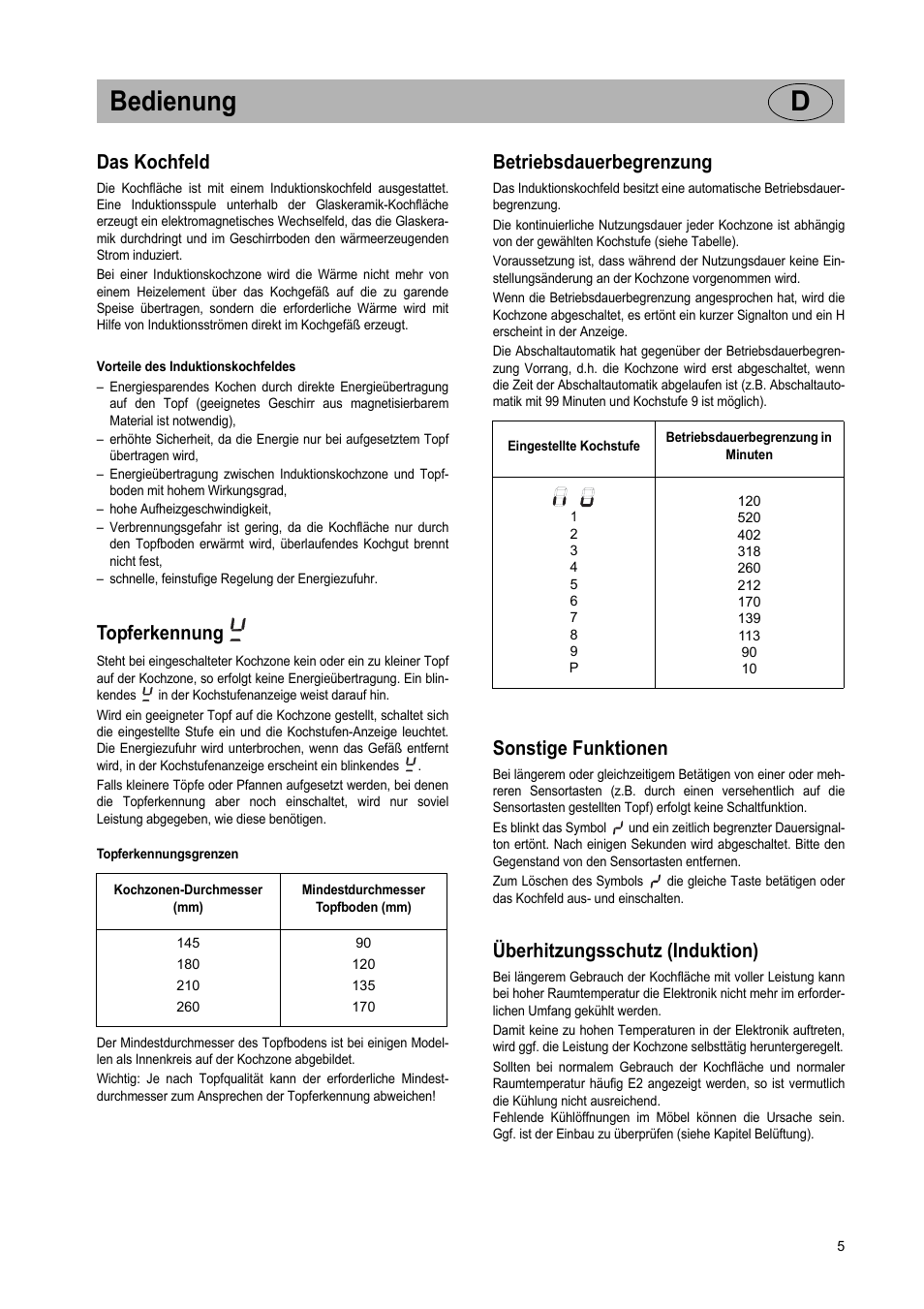 Bedienung d, Das kochfeld, Topferkennung | Betriebsdauerbegrenzung, Sonstige funktionen, Überhitzungsschutz (induktion) | Teka IR 950 User Manual | Page 5 / 120