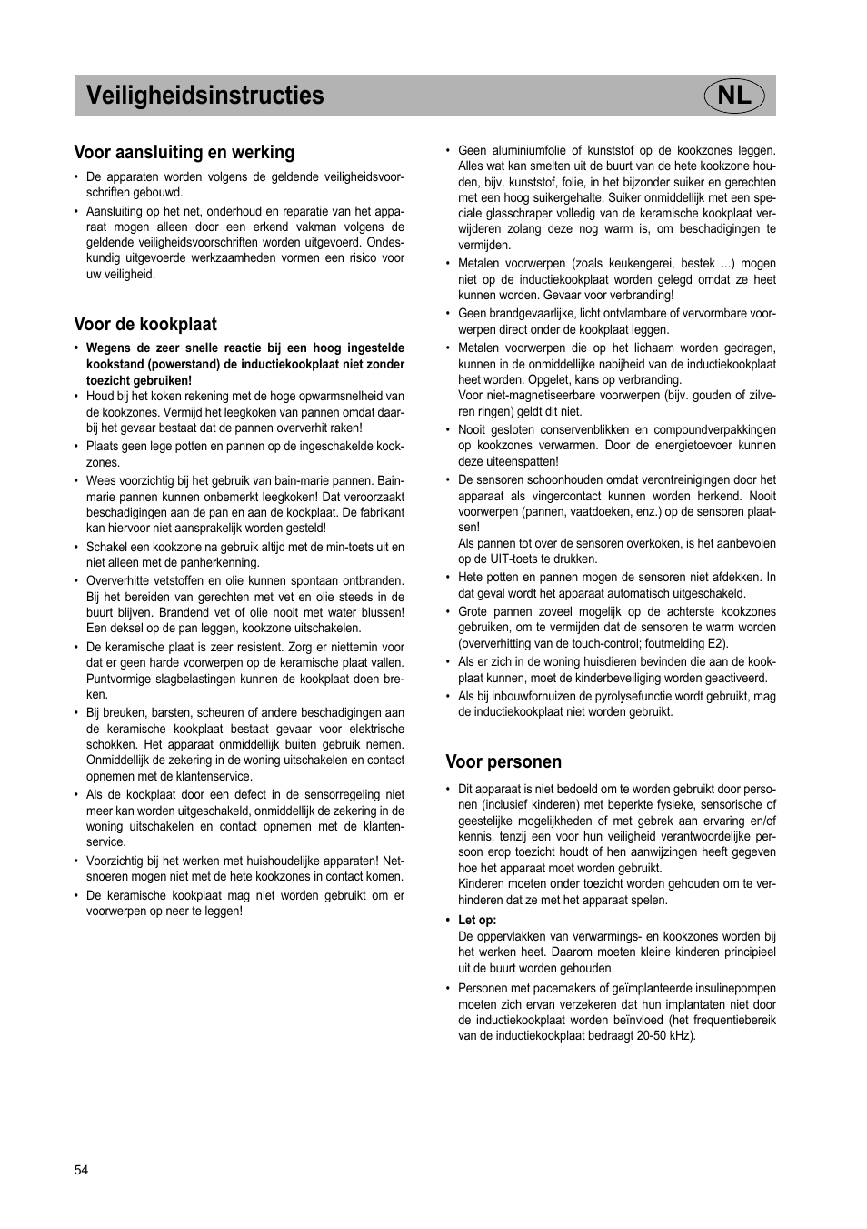 Veiligheidsinstructies nl, Voor aansluiting en werking, Voor de kookplaat | Voor personen | Teka IR 950 User Manual | Page 54 / 120