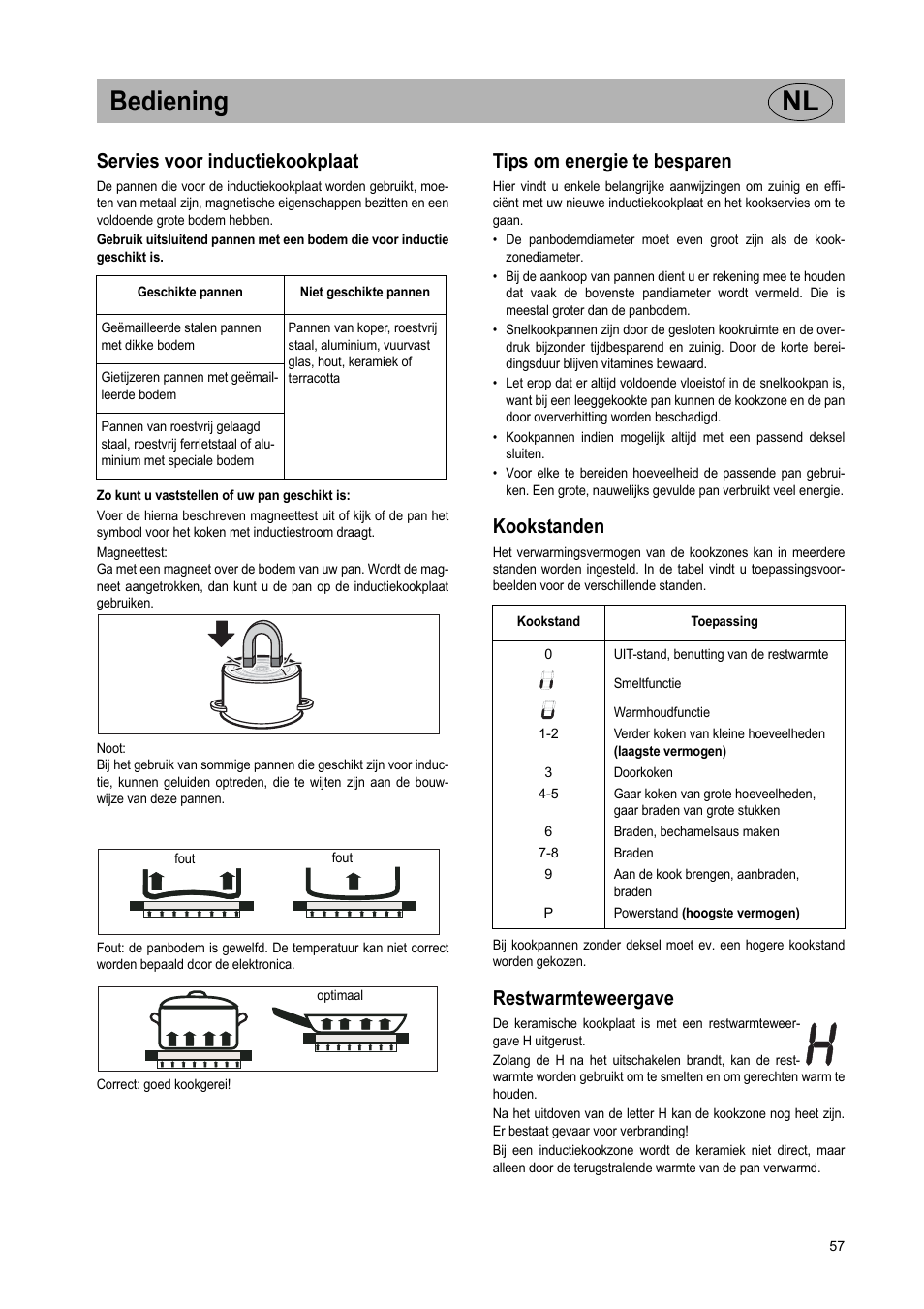 Bediening nl, Servies voor inductiekookplaat, Tips om energie te besparen | Kookstanden, Restwarmteweergave | Teka IR 950 User Manual | Page 57 / 120