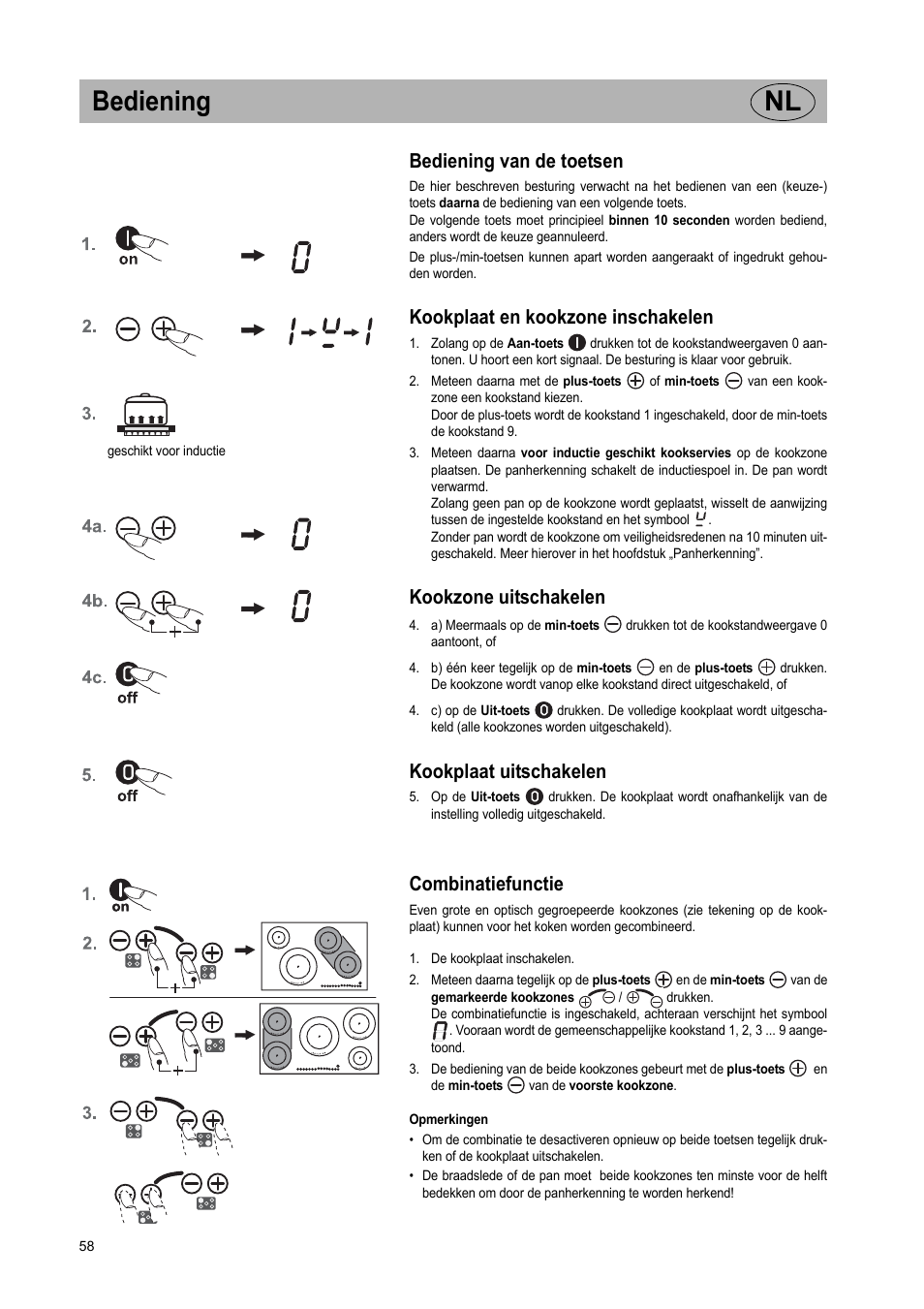 Bediening nl, Bediening van de toetsen, Kookplaat en kookzone inschakelen | Kookzone uitschakelen, Kookplaat uitschakelen, Combinatiefunctie | Teka IR 950 User Manual | Page 58 / 120