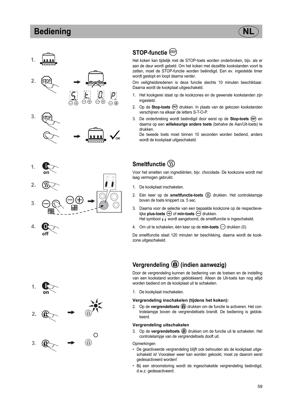 Bediening nl, Stop-functie, Smeltfunctie | Vergrendeling (indien aanwezig) | Teka IR 950 User Manual | Page 59 / 120