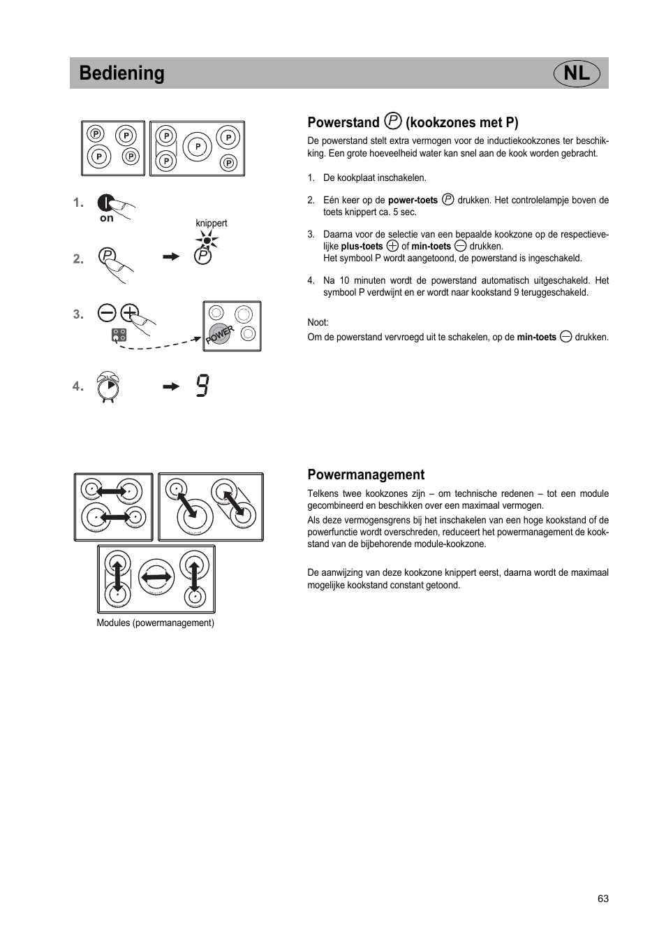 Bediening nl, Powerstand (kookzones met p), Powermanagement | Teka IR 950 User Manual | Page 63 / 120