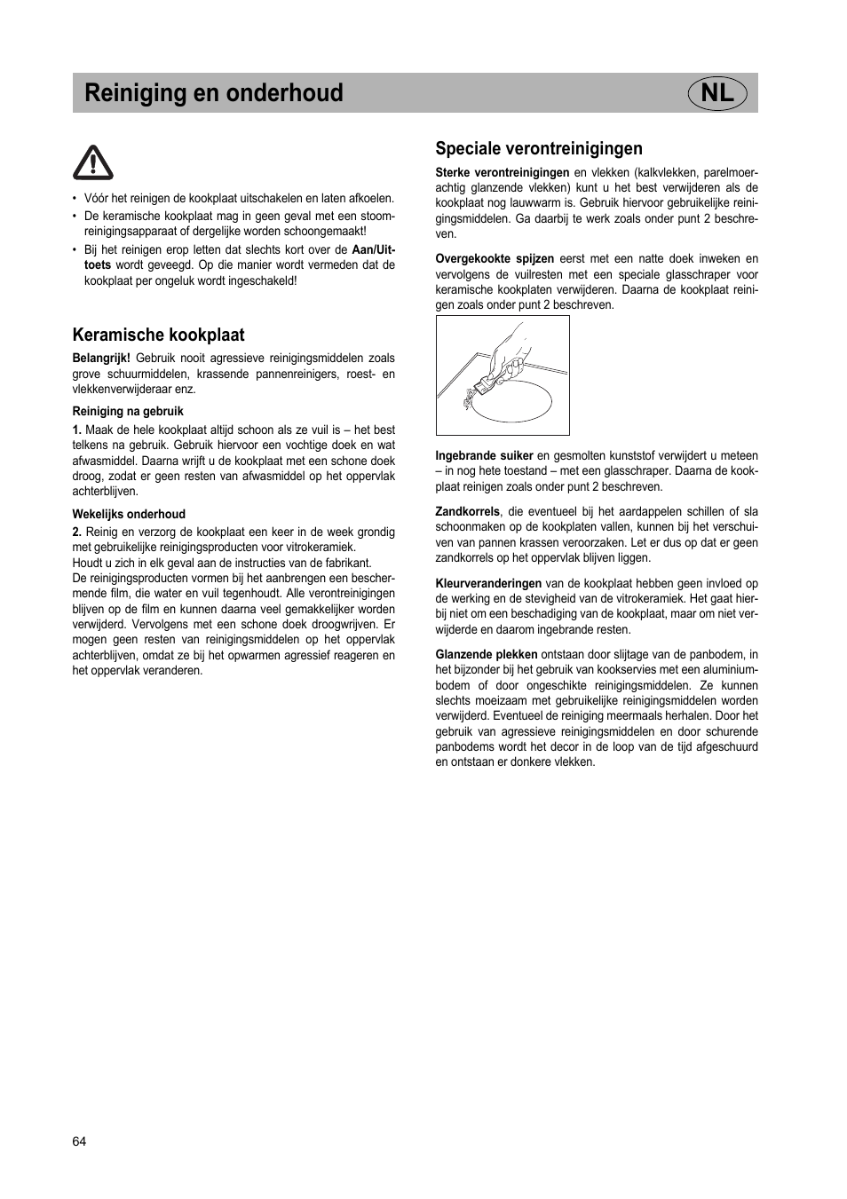 Reiniging en onderhoud nl, Keramische kookplaat, Speciale verontreinigingen | Teka IR 950 User Manual | Page 64 / 120