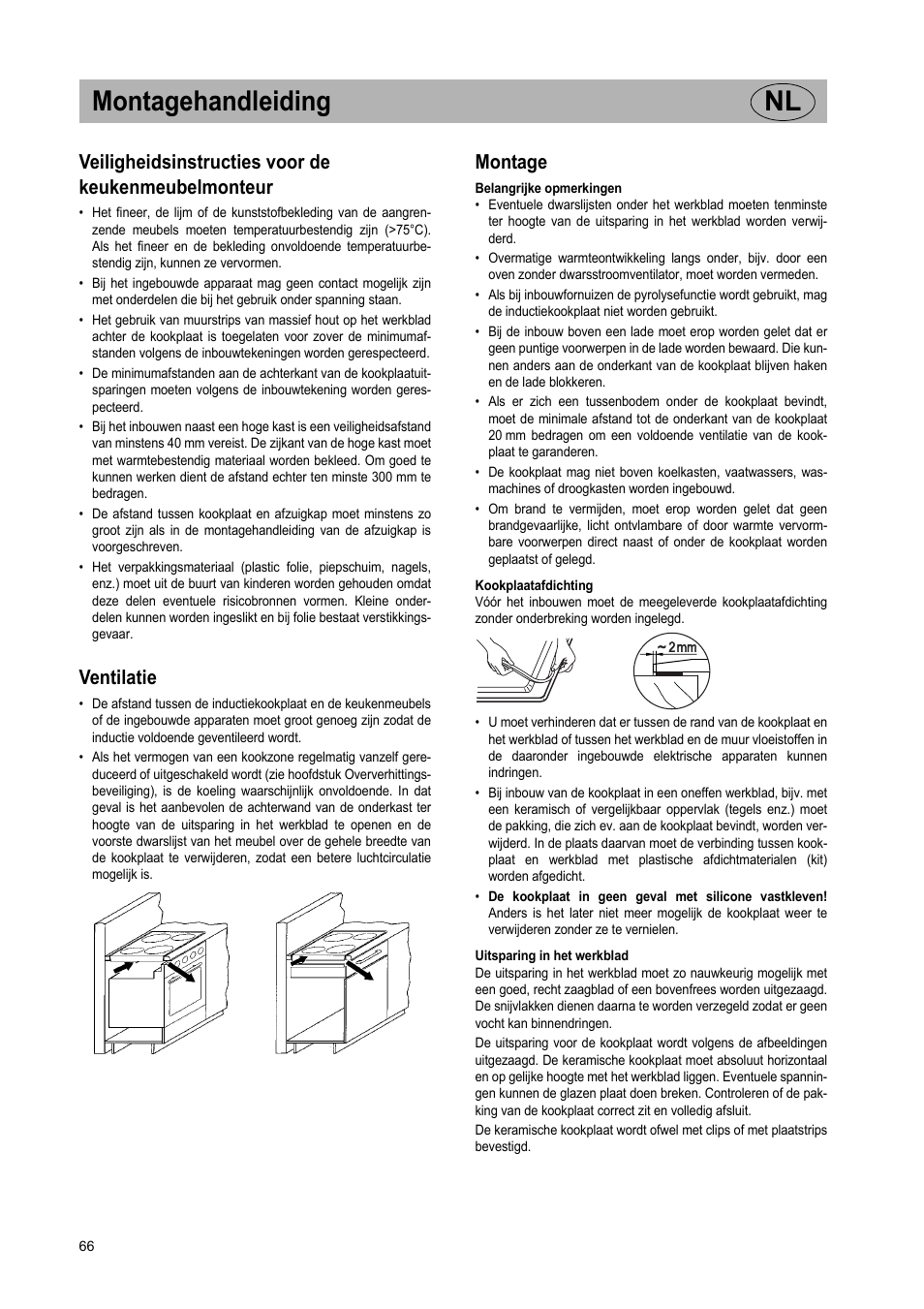 Montagehandleiding nl, Veiligheidsinstructies voor de keukenmeubelmonteur, Ventilatie | Montage | Teka IR 950 User Manual | Page 66 / 120