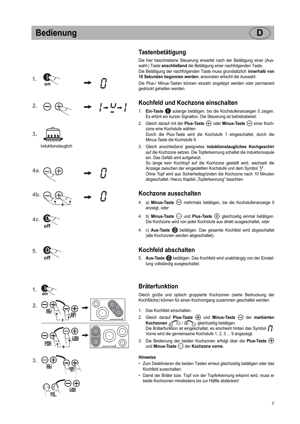 Bedienung d, Tastenbetätigung, Kochfeld und kochzone einschalten | Kochzone ausschalten, Kochfeld abschalten, Bräterfunktion | Teka IR 950 User Manual | Page 7 / 120