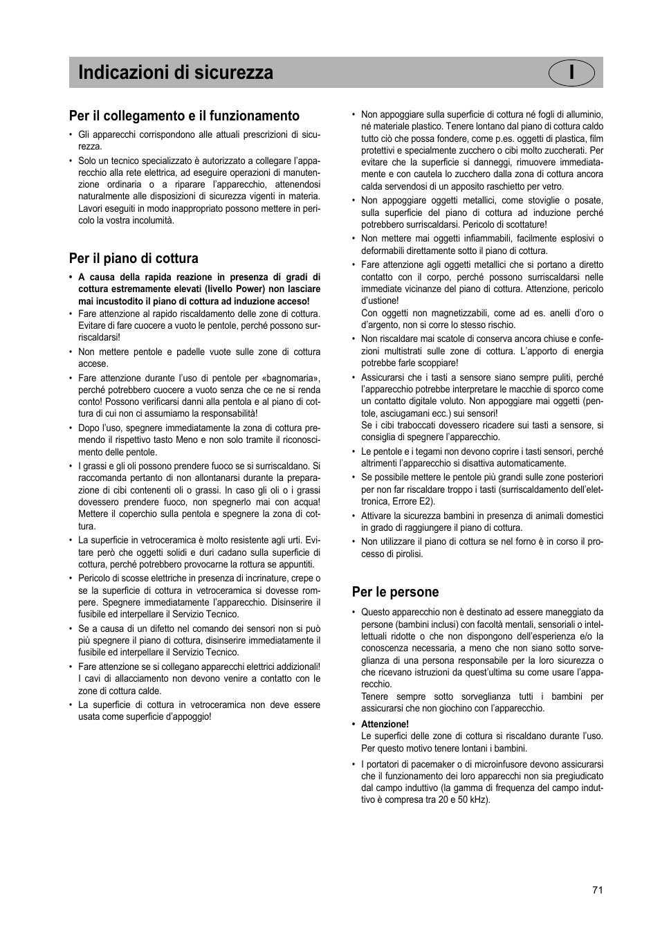 Indicazioni di sicurezza i, Per il collegamento e il funzionamento, Per il piano di cottura | Per le persone | Teka IR 950 User Manual | Page 71 / 120