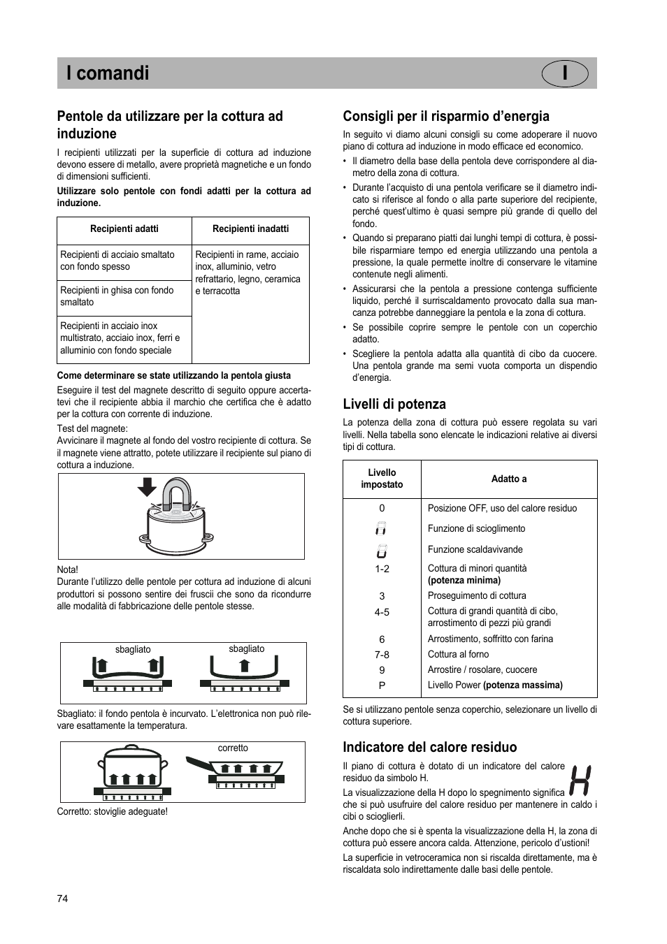 I comandi i, Pentole da utilizzare per la cottura ad induzione, Consigli per il risparmio d’energia | Livelli di potenza, Indicatore del calore residuo | Teka IR 950 User Manual | Page 74 / 120