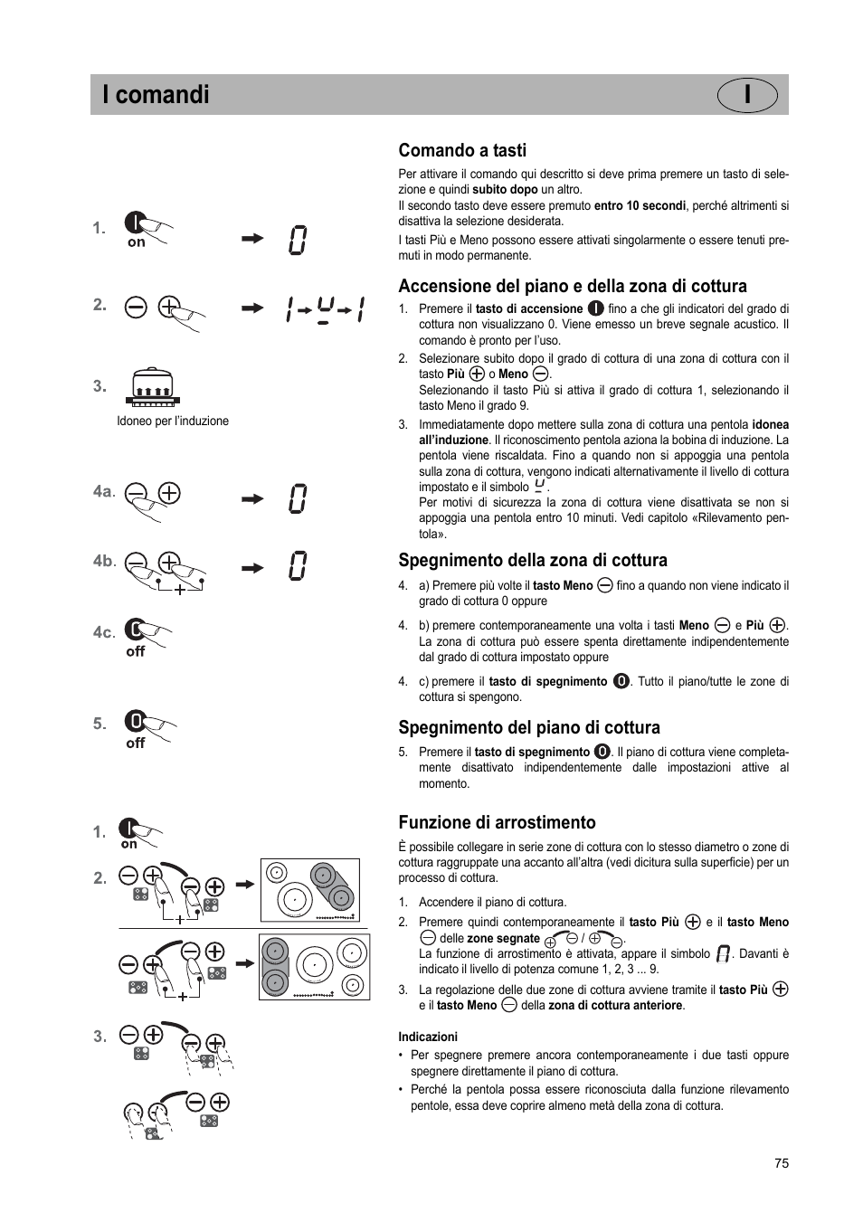 I comandi i, Comando a tasti, Accensione del piano e della zona di cottura | Spegnimento della zona di cottura, Spegnimento del piano di cottura, Funzione di arrostimento | Teka IR 950 User Manual | Page 75 / 120