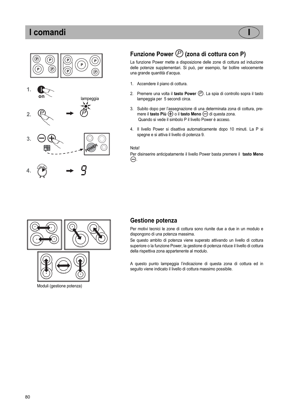 I comandi i, Funzione power (zona di cottura con p), Gestione potenza | Teka IR 950 User Manual | Page 80 / 120