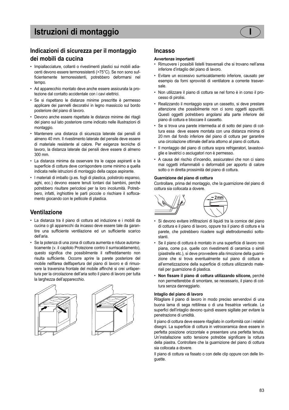 Istruzioni di montaggio i, Ventilazione, Incasso | Teka IR 950 User Manual | Page 83 / 120