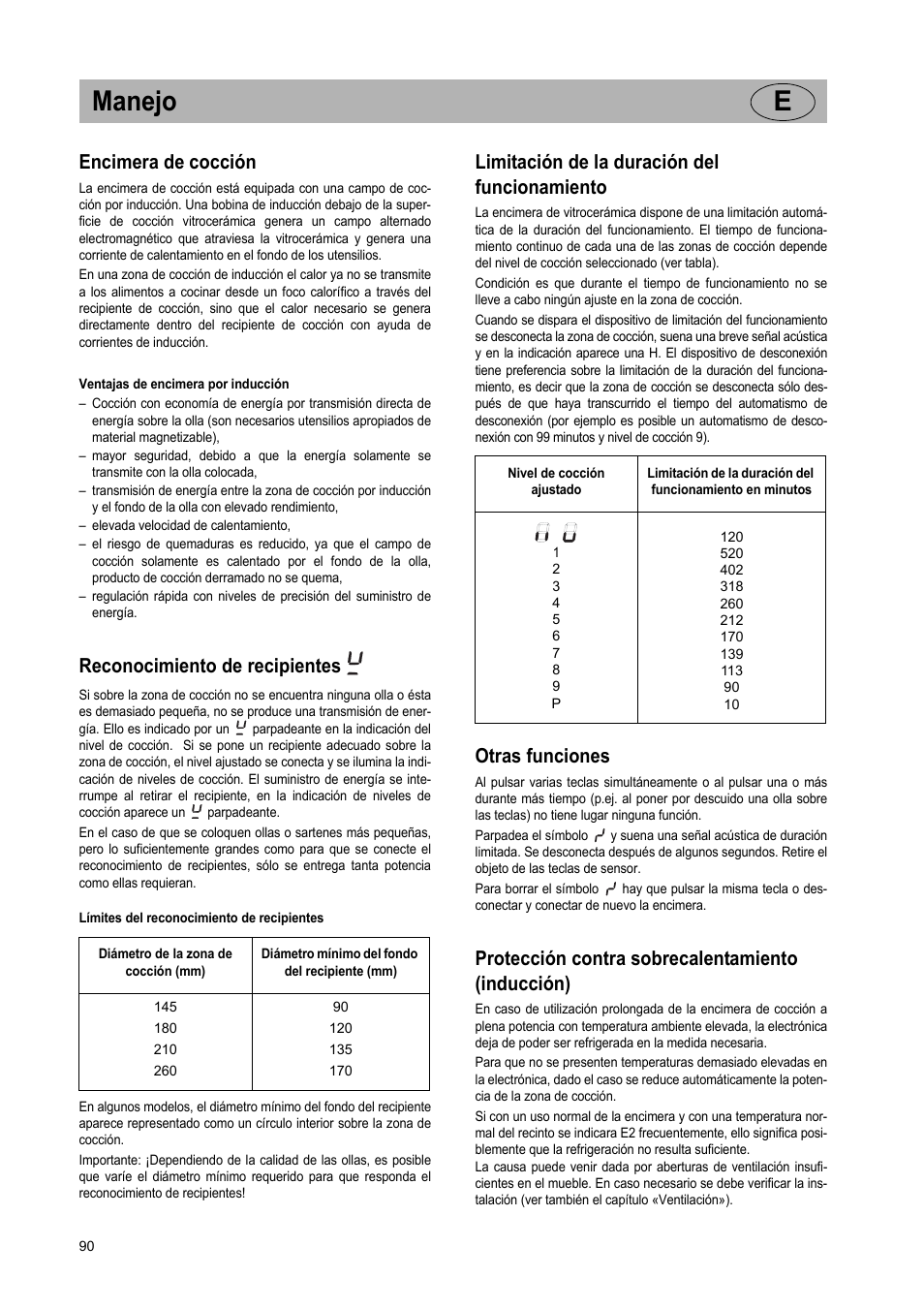 Manejo e, Encimera de cocción, Reconocimiento de recipientes | Limitación de la duración del funcionamiento, Otras funciones, Protección contra sobrecalentamiento (inducción) | Teka IR 950 User Manual | Page 90 / 120