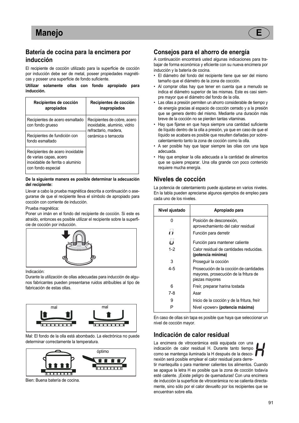 Manejo e, Batería de cocina para la encimera por inducción, Consejos para el ahorro de energía | Niveles de cocción, Indicación de calor residual | Teka IR 950 User Manual | Page 91 / 120